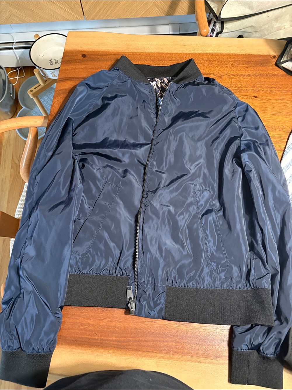H&M Navy Blue Bomber Jacket with Black Ribbed Trim